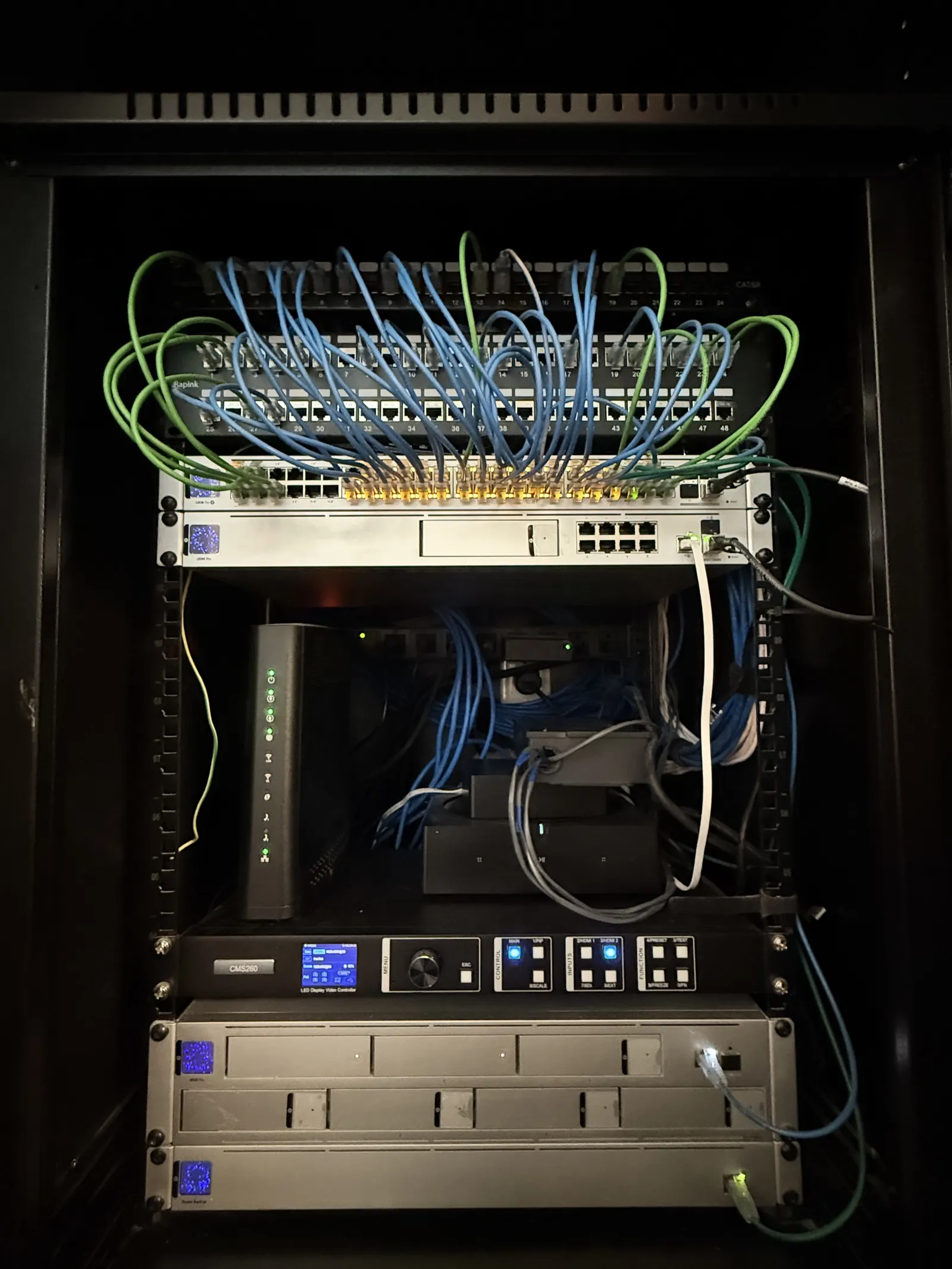Ubiquiti UniFi network rack installation at Shepherd Artisan Coffee — switches, patch panels, and structured cabling