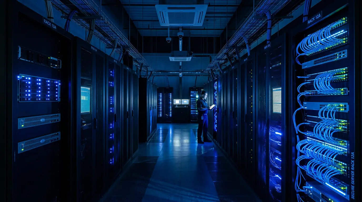 Server room with blue lighting representing cybersecurity infrastructure